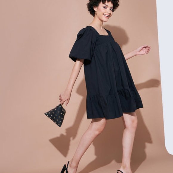 Black Cotton Poplin Puff Sleeves Tiered Dress - Picture 3 of 6